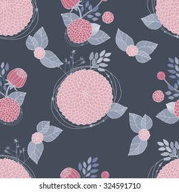Floral Seamless Pattern. Round Hand Drawn Pink Asters on Dark Background. Vector Print Design.