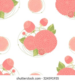 Floral Seamless Pattern. Round Hand Drawn Pink Asters on White Background. 