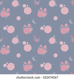 Floral Seamless Pattern. Round Hand Drawn Pink Asters on Grey Background. 