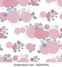Floral Seamless Pattern. Round Hand Drawn Pink Asters on White Background.