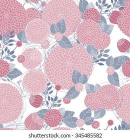 Floral Seamless Pattern. Round Hand Drawn Pink Asters on White Background. 