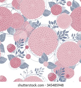 Floral Seamless Pattern. Round Hand Drawn Pink Asters on White Background. 