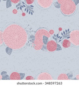 Floral Seamless Pattern. Round Hand Drawn Pink Asters on Grey Background. Vector Print Design.