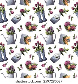 Floral seamless pattern with rubber boots, watering can, envelope, flowers. Spring time, summer, nature, gardening, plants. Vector illustration for scrapbooking, background, wrapping paper.
