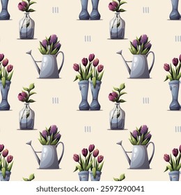 Floral seamless pattern with rubber boots with tulips and watering can with flowers. Spring time, summer, nature, gardening, plants. Vector illustration for scrapbooking, background, wrapping paper.