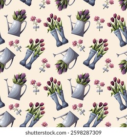Floral seamless pattern with rubber boots with tulips and watering can with flowers. Spring time, summer, nature, gardening, plants. Vector illustration for scrapbooking, background, wrapping paper.