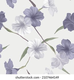 Floral seamless pattern, ruellia tuberosa flowers and leaves on grey