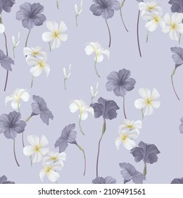 Floral seamless pattern, ruellia tuberosa and plumeria on purple