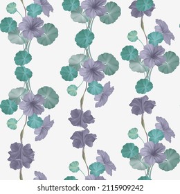 Floral seamless pattern, ruellia tuberosa flowers and leaves bouquet on grey