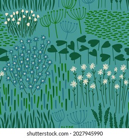 Floral seamless pattern. Rustic wallpaper with wildflowers, leaves and grass on a deep blue background.