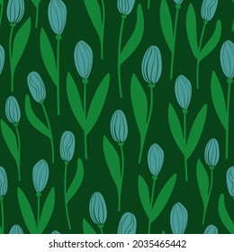 Floral seamless pattern. Rustic wallpaper with tulip flowers on a deep green background.