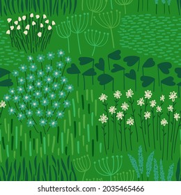 Floral seamless pattern. Rustic wildflowers wallpaper on a deep green background.
