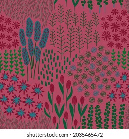 Nahtloses Muster ohne Blumen. Rustikale Wildblumen-Tapete auf rosafarbenem Hintergrund.