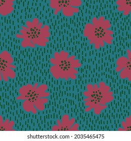 Nahtloses Muster ohne Blumen. Rustikale Wildblumen-Tapete auf tiefblauem grünem Hintergrund.