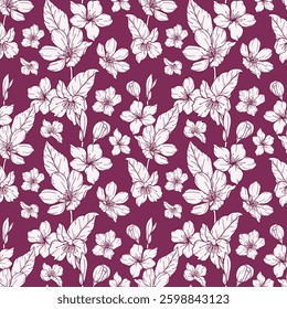 Floral seamless pattern with Sakura. Cherry Blossom background. Eco background. Cherry Blossom and greenery hand drawn line art design. Elegant seamless background minimalist style