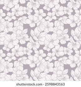 Floral seamless pattern with Sakura. Cherry Blossom background. Eco background. Cherry Blossom and greenery hand drawn line art design. Elegant seamless background minimalist style