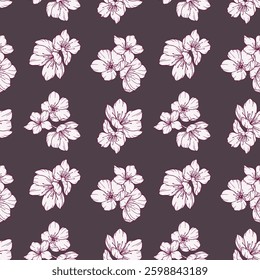 Floral seamless pattern with Sakura. Cherry Blossom background. Eco background. Cherry Blossom and greenery hand drawn line art design. Elegant seamless background minimalist style