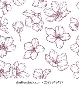 Floral seamless pattern with Sakura. Cherry Blossom background. Eco background. Cherry Blossom and greenery hand drawn line art design. Elegant seamless background minimalist style