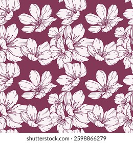 Floral seamless pattern with Sakura. Cherry Blossom background. Eco background. Cherry Blossom and greenery hand drawn line art design. Elegant seamless background minimalist style