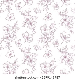 Floral seamless pattern with Sakura. Cherry Blossom background. Eco background. Cherry Blossom and greenery hand drawn line art design. Elegant seamless background minimalist style