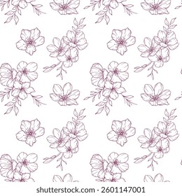 Floral seamless pattern with Sakura. Cherry Blossom background. Eco background. Cherry Blossom and greenery hand drawn line art design. Elegant seamless background minimalist style