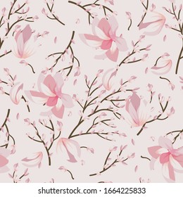 Floral sin fisuras con flores sakura sobre fondo rosa.  ilustración para textil, impresión, papel pintado, envoltura.