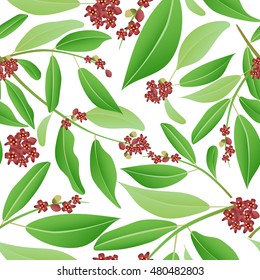 Floral seamless pattern sandalwood. Sandalwood tree branch with red flowers and green leaves. Vector illustration can be used in wallpapers, textile.