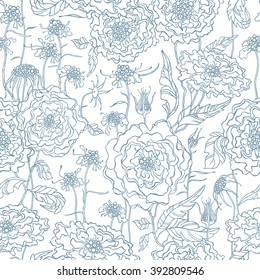 Floral seamless pattern with scabiosa and peonies. Background with stylized  blooming flowers