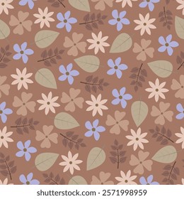 Floral seamless pattern. Scandi flowers and leaves. Foliage surface design featuring allover print scandinavian flowers artwork of wild blossom on coffee mocha color background. 