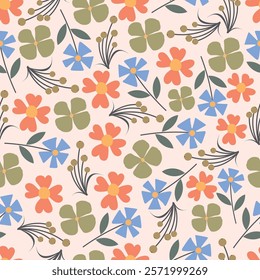 Floral seamless pattern. Scandi flowers and clover leaves. Millefleur foliage surface design featuring allover print scandinavian flowers artwork of wild blossom on soft pink color background.  