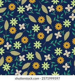 Floral seamless pattern. Scandi flowers and branchlets. Foliage surface design featuring allover print scandinavian flowers artwork of wild blossom on blue color background.  