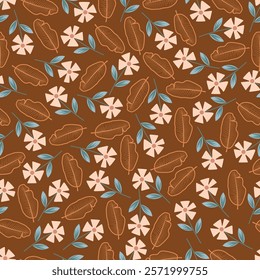 Floral seamless pattern. Scandi flowers and leaves. Foliage surface design featuring allover print scandinavian flowers artwork of wild blossom on russet color background.