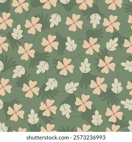 Floral seamless pattern of scandi flowers and leaves. Allover print flowery surface design on sage green color background. 