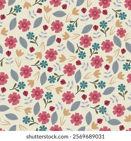 Floral seamless pattern. Scandinavian flowers and leaves. Foliage surface design featuring allover print bohemian flowers artwork of wild blossom on white coffee background. 