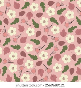 Floral seamless pattern. Scandinavian flowers and leaves. Foliage surface design featuring allover print bohemian flowers artwork of wild blossom on pink background. 