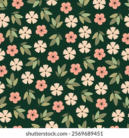 Floral seamless pattern. Scandinavian flowers and leaves. Foliage surface design featuring allover print bohemian flowers artwork of wild blossom on phthalo green background. 