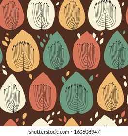 Floral seamless pattern in scandinavian style. Fabric texture with decorative trees. Leafs on brown background