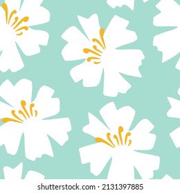 Floral seamless pattern in scandinavian style. Decorative hand drawn tropical flowers. Modern floral background. White abstract modern sakura flowers on blue background for print, textile, fabric.