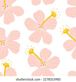 Floral seamless pattern in scandinavian style. Decorative hand drawn tropical hibiscus flowers. Modern floral background. Cute pink hibiscus flower on white background for print, textile, fabric.