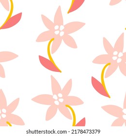 Floral seamless pattern in scandinavian style. Decorative hand drawn pink flowers. Modern floral background. Beautiful abstract pink flower with leaves on a white background for print, fabric.