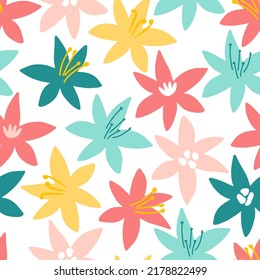 Floral seamless pattern in scandinavian style. Modern floral background. Decorative hand drawn abstract flowers. Beautiful cartoon decorative flowers on a white background for print, textile.