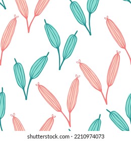 Floral seamless pattern in Scandinavian style. Decorative flowers, hand-drawn. Modern floral cute background. Beautiful abstract blue and pink flower on a white background for printing, textiles.