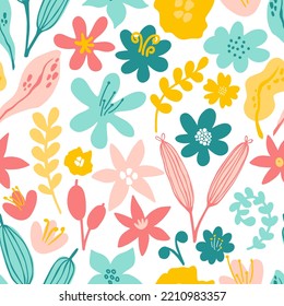 Floral seamless pattern in scandinavian style. Modern floral background. Decorative hand drawn abstract flowers. Beautiful cartoon decorative flowers on a white background for print.