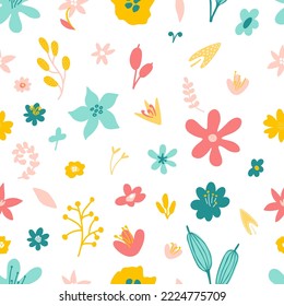 Floral seamless pattern in scandinavian style. Decorative various hand drawn flowers. Modern floral background. Beautiful abstract cartoon flowers with leaves on a white background for print.