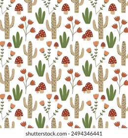 Floral seamless pattern in Scandinavian style. Flowers, plants, cactus, mushrooms and grass on white. Hand drawn design for print, paper, design, fabric, gift wrap, decoration, background. Vector