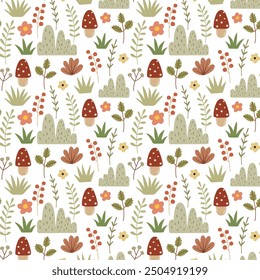 Floral seamless pattern in Scandinavian style. Flowers, plants, mushrooms and grass on white. Hand drawn design for print, paper, design, fabric, gift wrap, decoration, background. Vector illustration