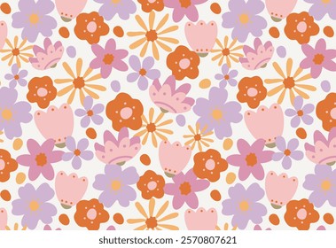 Floral seamless pattern in Scandinavian style. Cute cartoon print with colorful flowers. Hand drawn design for print, postcards, paper, design, fabric, gift wrap, decoration, background, wallpapers