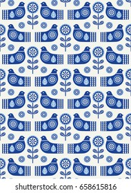 Floral seamless pattern in scandinavian style with bird. Vector Illustration.
