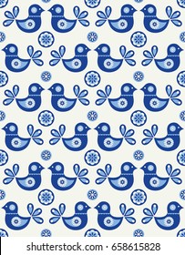 Floral seamless pattern in scandinavian style with bird. Vector Illustration.