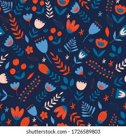 Floral seamless pattern. Scandinavian style.Doodle illustrations with stylized decorative floral elements.Cute hand drawn flat plants background.Fabric design with flat colors, for wrapping paper.